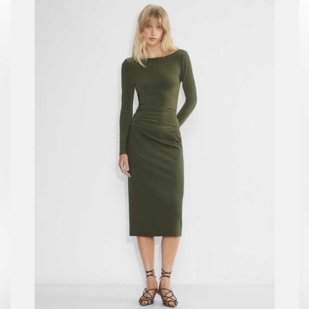 Michel Laperle Elegant Olive Green Dress Long Sleeve Draped Boat Neck NWOT